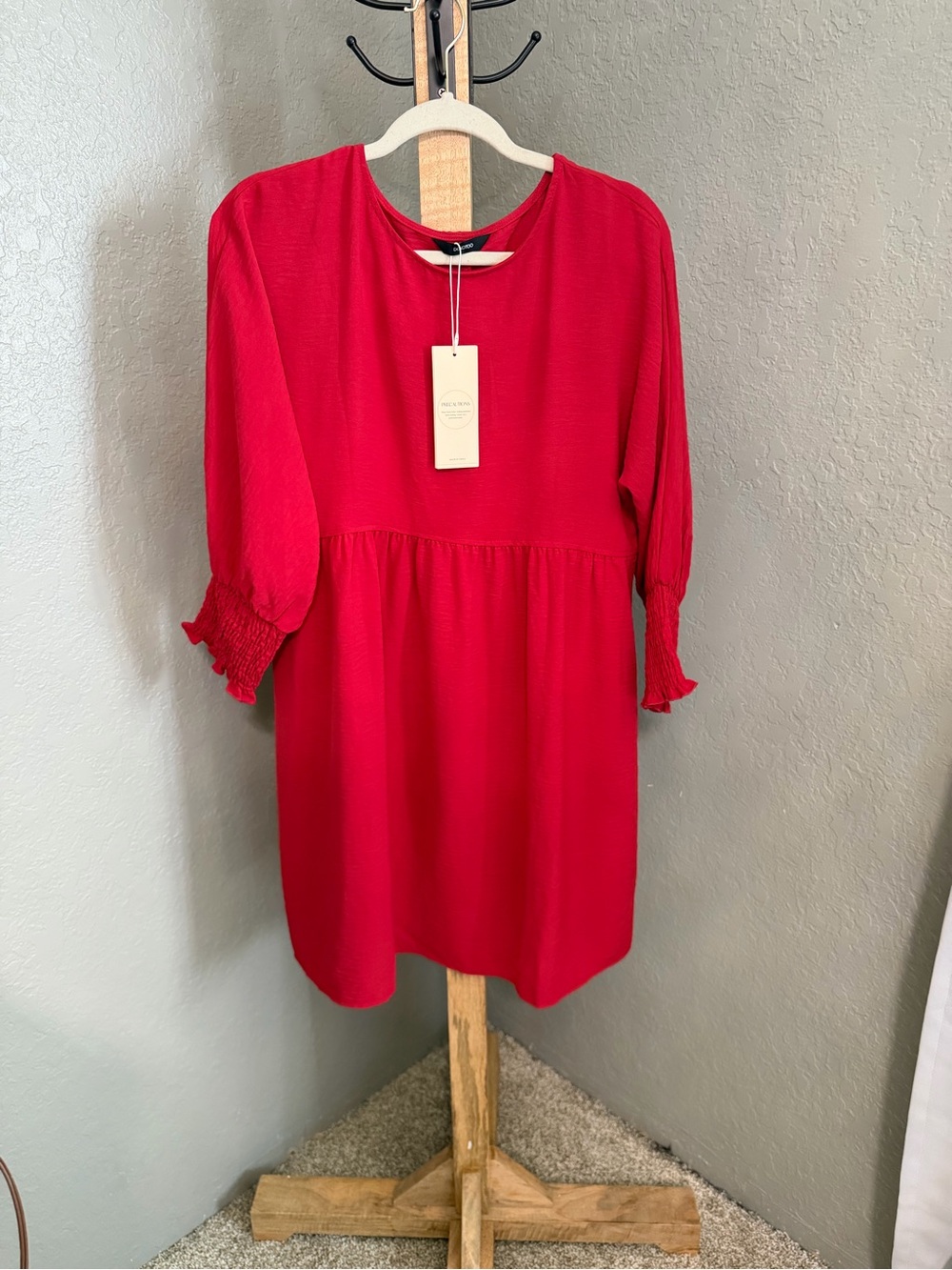Red Smocked-Sleeve Mini Dress - Unbranded